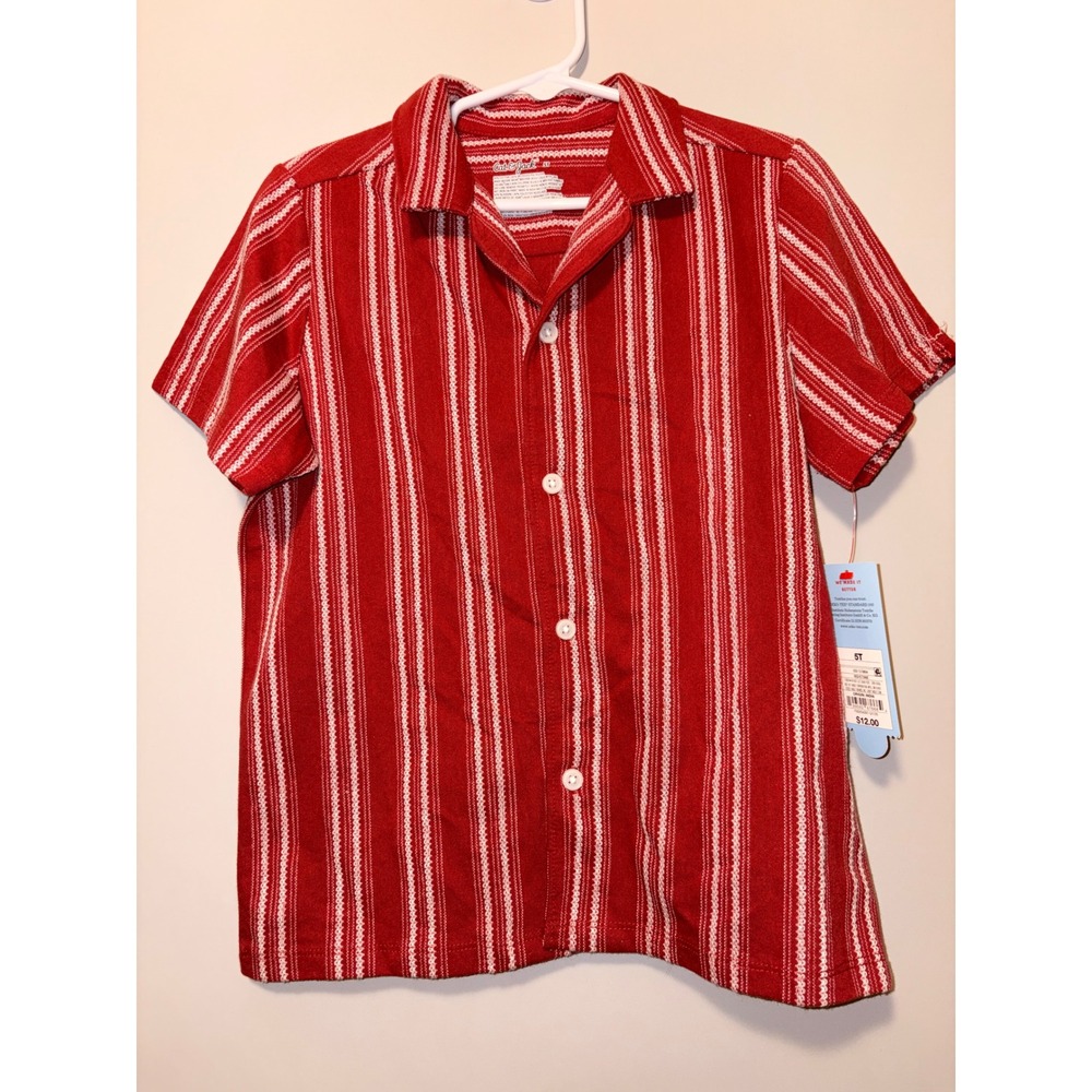 Cat & Jack Boys Red White Striped Short Sleeve Button Down Shirt 5T NWT